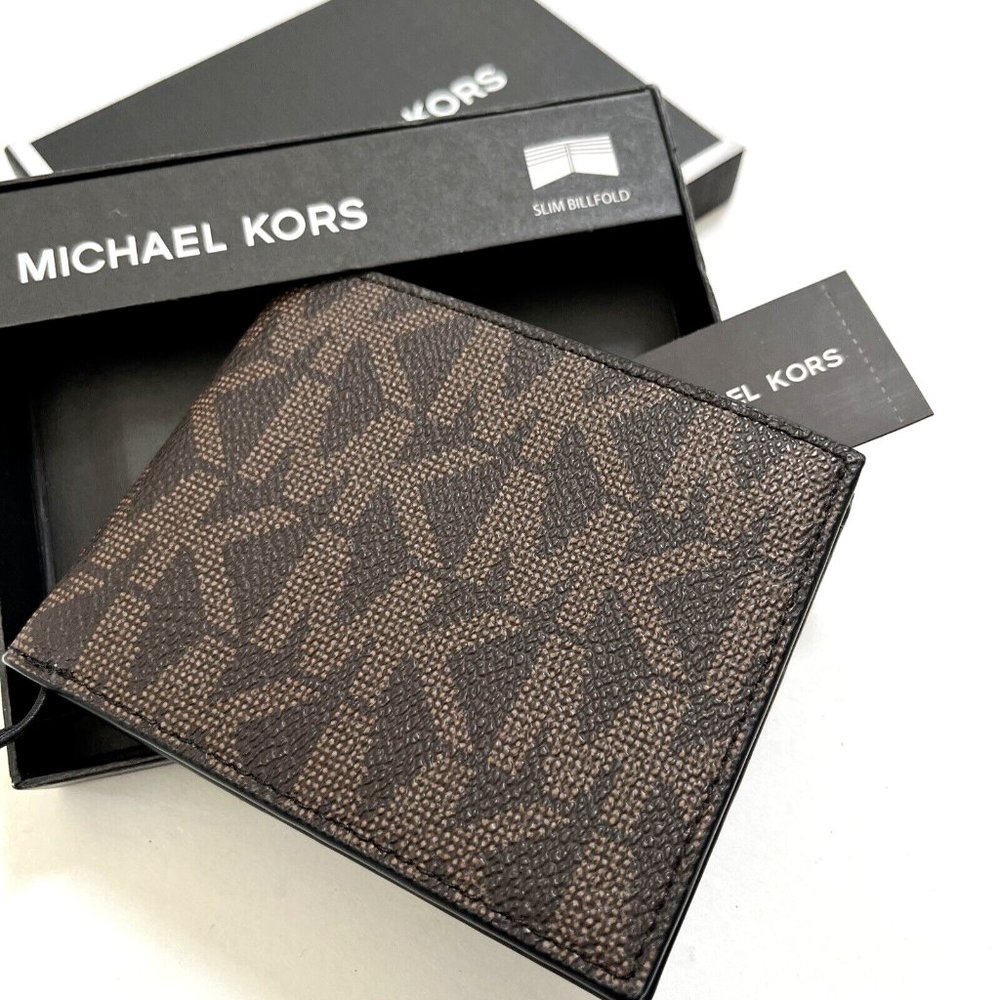 NWT Michael Kors Slim Billfold Wallet Brown MK Logo Print Gift Boxed 86F25MNF5B